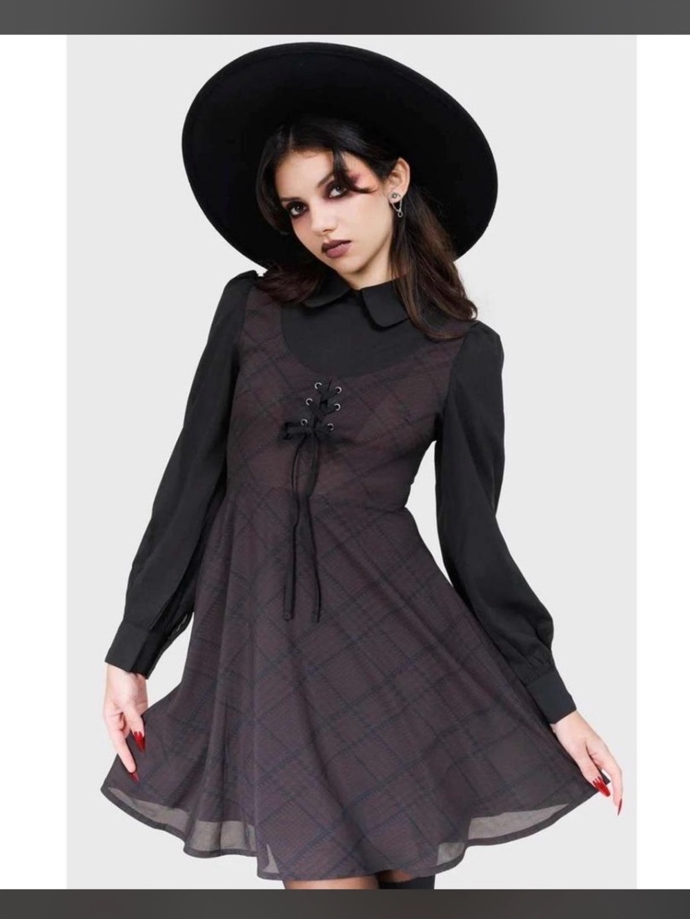 Killstar Black & Dark Plum Plaid Long Sleeve Dress